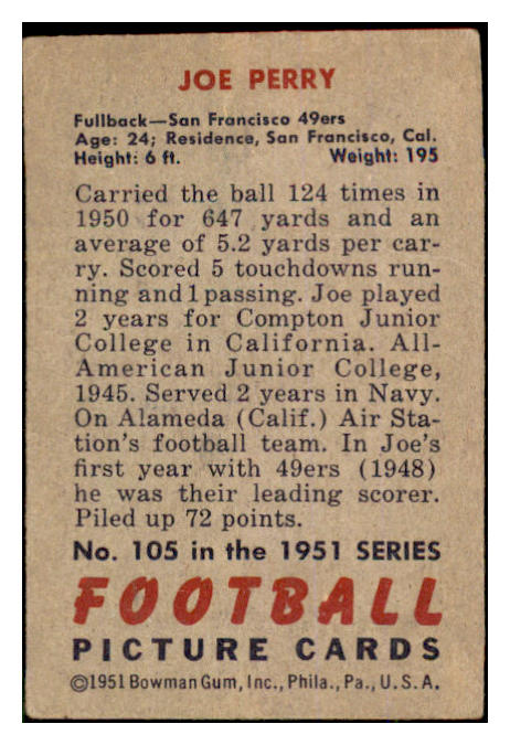 1951 Bowman Football #105 Joe Perry 49ers VG 528741