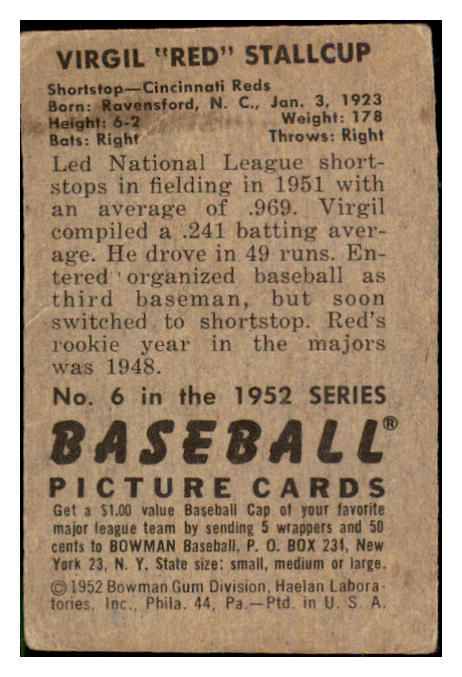 1952 Bowman Baseball #006 Virgil Stallcup Reds VG-EX 528748