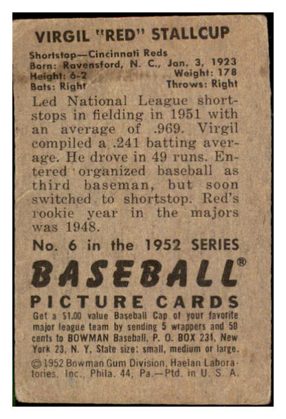 1952 Bowman Baseball #006 Virgil Stallcup Reds VG-EX 528748