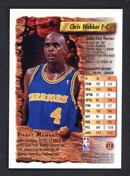 1994 Topps Finest #212 Chris Webber Warriors NR-MT 528751