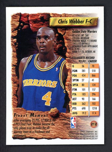 1994 Topps Finest #212 Chris Webber Warriors NR-MT 528752