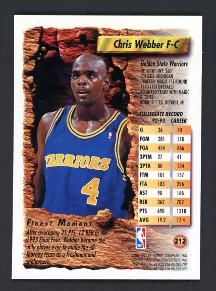 1994 Topps Finest #212 Chris Webber Warriors NR-MT 528753
