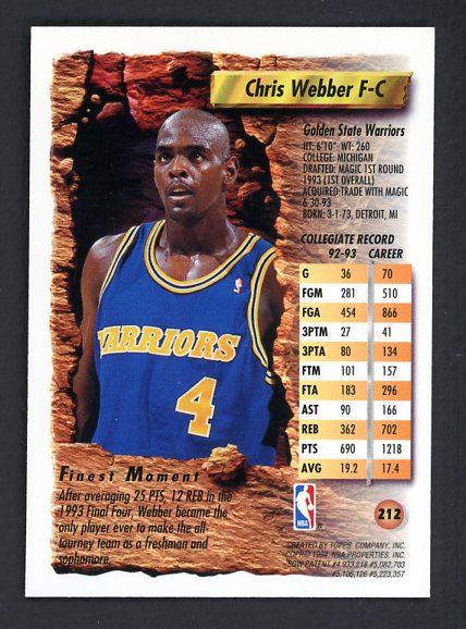 1994 Topps Finest #212 Chris Webber Warriors NR-MT 528754