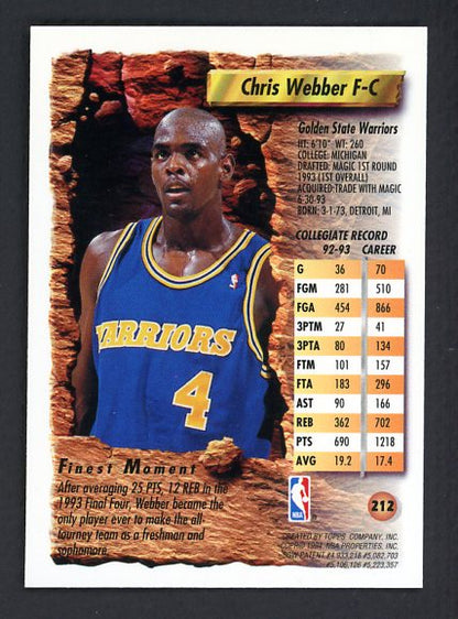 1994 Topps Finest #212 Chris Webber Warriors NR-MT 528754