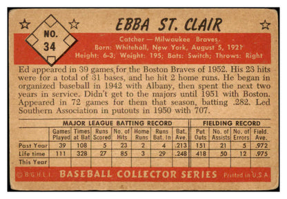 1953 Bowman Black & White Baseball #034 Ebba St. Claire Braves VG 528773