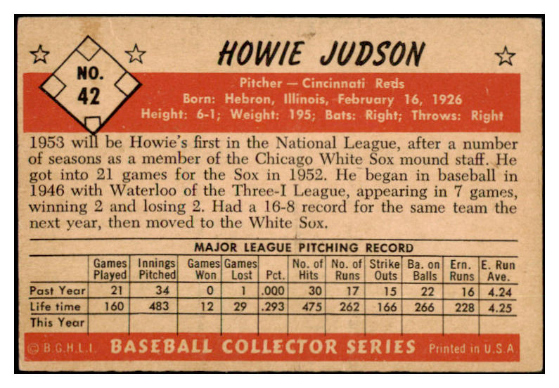 1953 Bowman Black & White Baseball #042 Howie Judson Reds VG-EX 528777