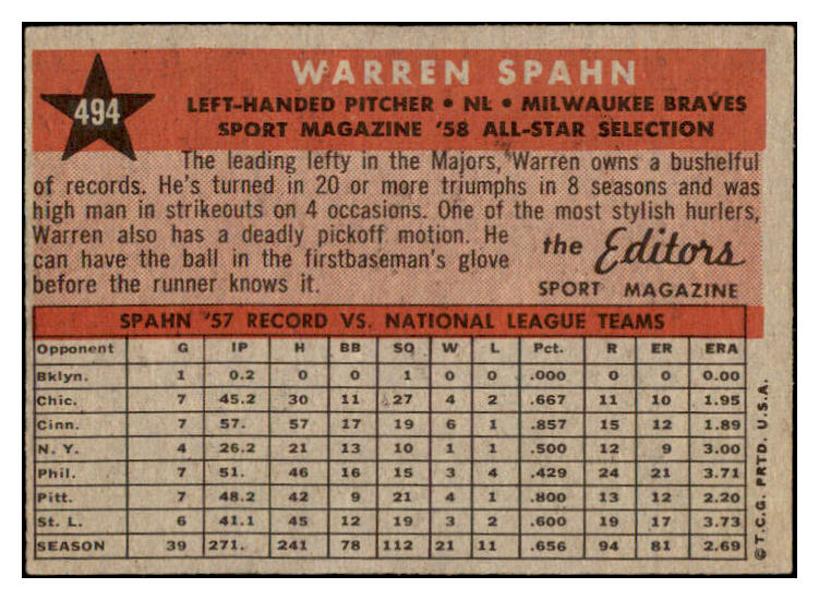 1958 Topps Baseball #494 Warren Spahn A.S. Braves EX+/EX-MT 528977