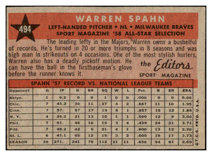 1958 Topps Baseball #494 Warren Spahn A.S. Braves EX+/EX-MT 528977