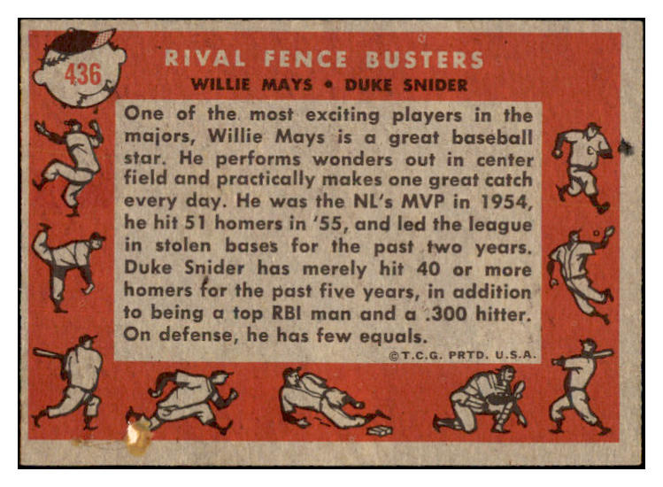 1958 Topps Baseball #436 Willie Mays Duke Snider EX-MT 529081