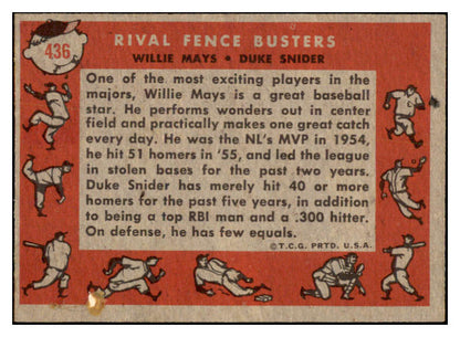 1958 Topps Baseball #436 Willie Mays Duke Snider EX-MT 529081