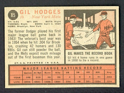 1962 Topps Baseball #085 Gil Hodges Mets EX-MT 529162