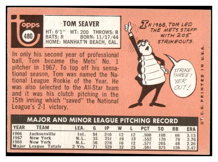 1969 Topps Baseball #480 Tom Seaver Mets EX-MT 529202