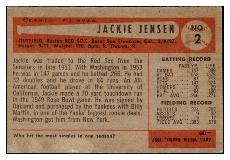 1954 Bowman Baseball #002 Jackie Jensen Red Sox VG 529251