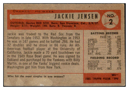 1954 Bowman Baseball #002 Jackie Jensen Red Sox VG 529251