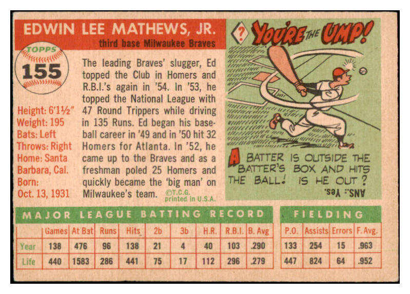 1955 Topps Baseball #155 Eddie Mathews Braves EX+/EX-MT 529268