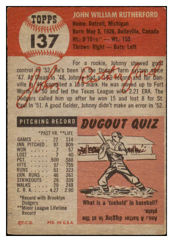 1953 Topps Baseball #137 John Rutherford Dodgers EX-MT 529302