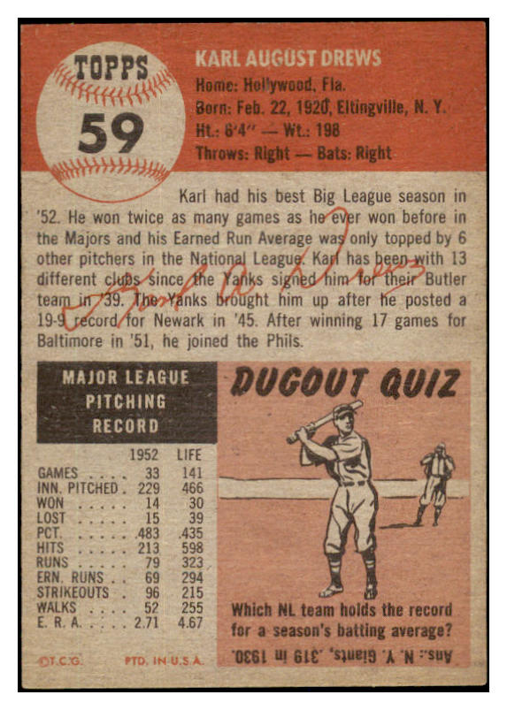 1953 Topps Baseball #059 Karl Drews Phillies EX-MT 529305