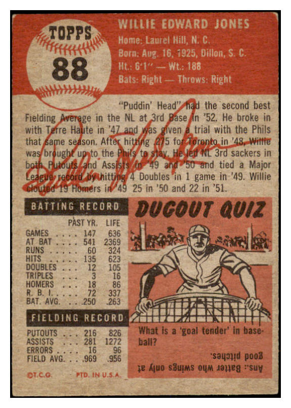 1953 Topps Baseball #088 Willie Jones Phillies EX 529322