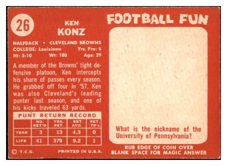 1958 Topps Football #026 Ken Konz Browns EX-MT 529463