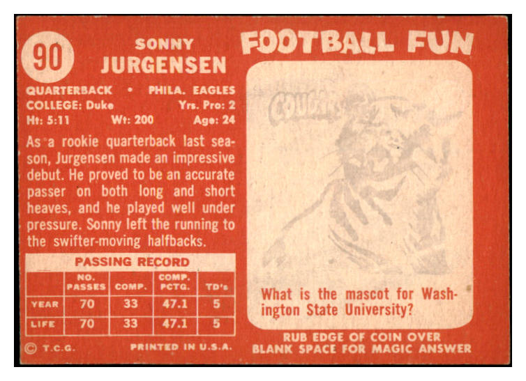 1958 Topps Football #090 Sonny Jurgensen Eagles NR-MT 529505