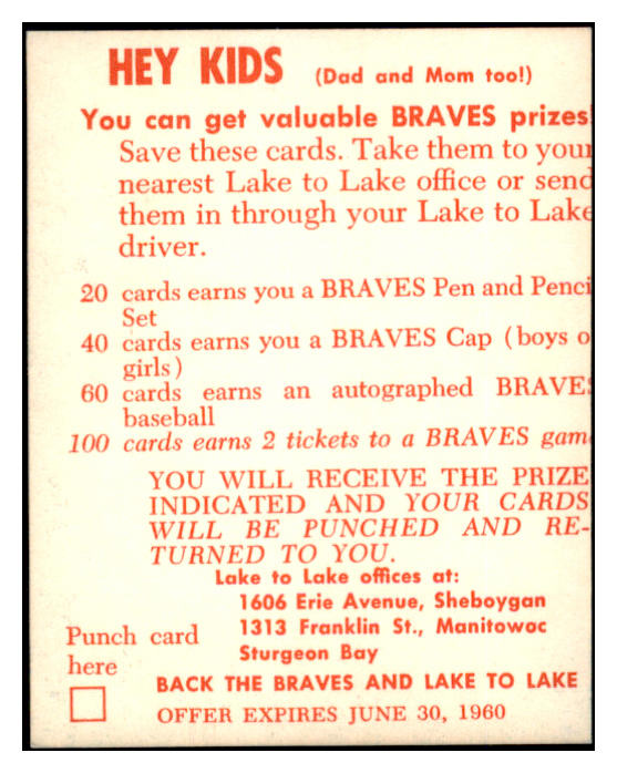 1960 Lake To Lake Bob Buhl Braves EX-MT 529536