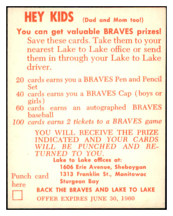 1960 Lake To Lake Bob Buhl Braves EX-MT 529537