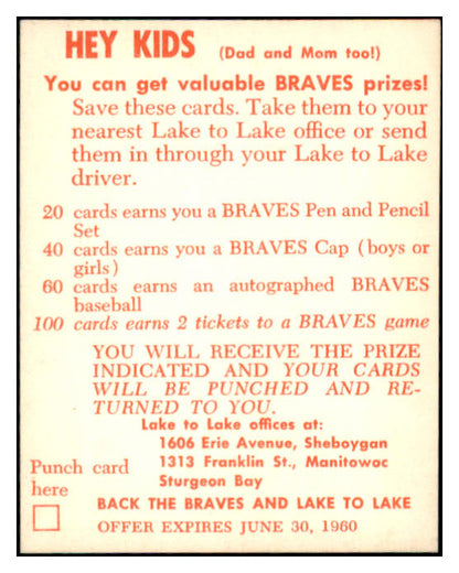 1960 Lake To Lake Bob Buhl Braves EX-MT 529537