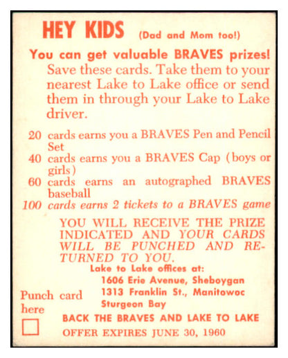 1960 Lake To Lake Del Crandall Braves EX-MT 529541
