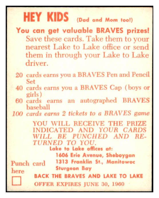 1960 Lake To Lake Del Crandall Braves EX-MT 529542