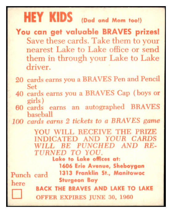 1960 Lake To Lake Del Crandall Braves EX-MT 529543