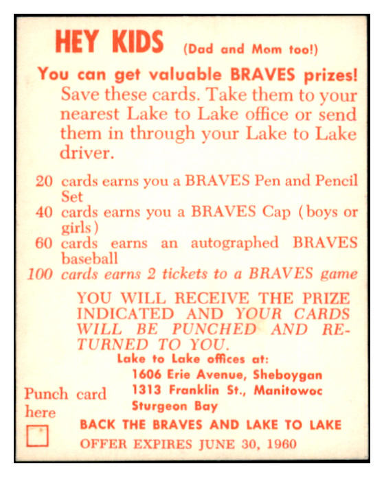 1960 Lake To Lake Charlie Dressen Braves EX-MT 529546