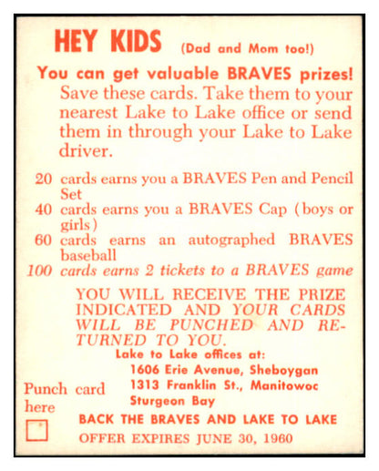 1960 Lake To Lake Charlie Dressen Braves EX-MT 529546