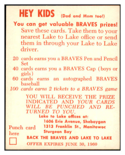 1960 Lake To Lake Charlie Dressen Braves EX-MT 529547