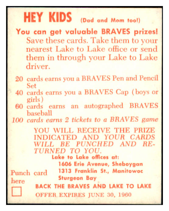 1960 Lake To Lake Red Schoendienst Braves EX-MT 529555