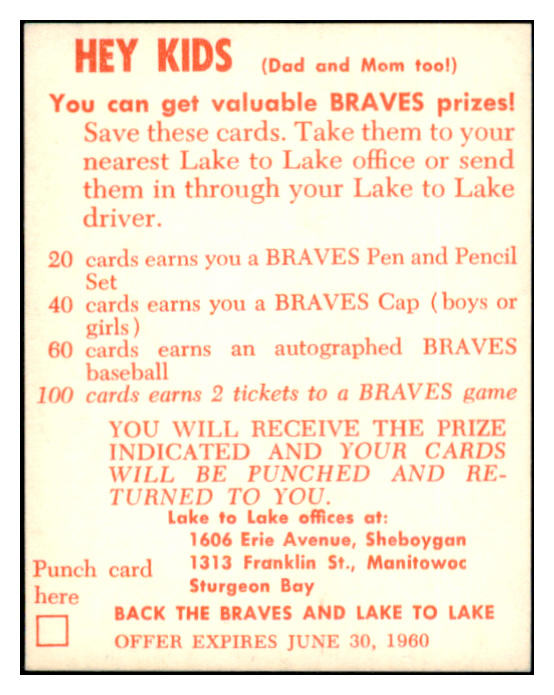 1960 Lake To Lake Red Schoendienst Braves EX-MT 529556