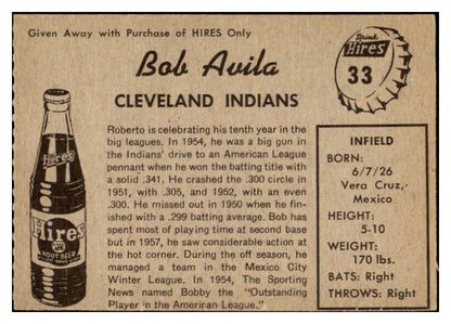 1958 Hires #033 Bobby Avila Indians EX-MT No Tab 529578