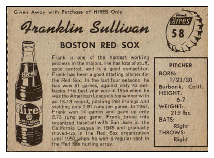 1958 Hires #058 Frank Sullivan Red Sox NR-MT No Tab 529597
