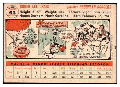 1956 Topps Baseball #063 Roger Craig Dodgers EX-MT White 529693