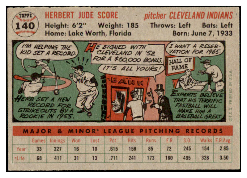 1956 Topps Baseball #140 Herb Score Indians EX-MT Gray 529704