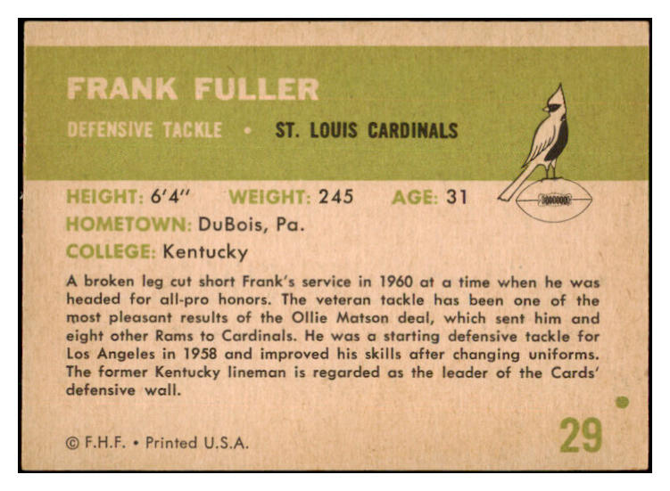 1961 Fleer Football #029 Frank Fuller Cardinals EX-MT 529746