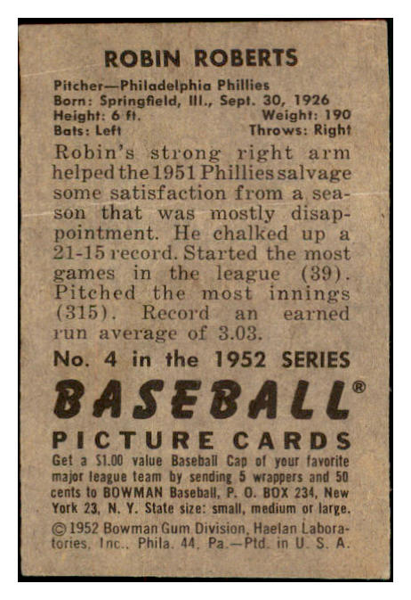 1952 Bowman Baseball #004 Robin Roberts Phillies VG-EX 529757