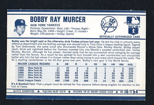1972 Kelloggs #016 Bobby Murcer Yankees NR-MT 530042