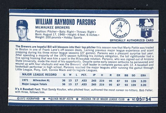 1972 Kelloggs #005 Bill Parsons Brewers NR-MT 530055