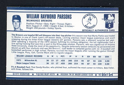 1972 Kelloggs #005 Bill Parsons Brewers NR-MT 530055