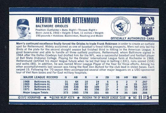 1972 Kelloggs #011 Merv Rettenmund Orioles NR-MT 530057