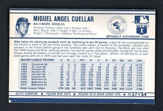 1972 Kelloggs #027 Mike Cuellar Orioles NR-MT ERA 3.80 530073