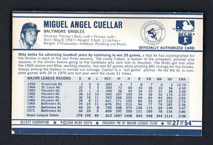 1972 Kelloggs #027 Mike Cuellar Orioles NR-MT ERA 3.80 530073