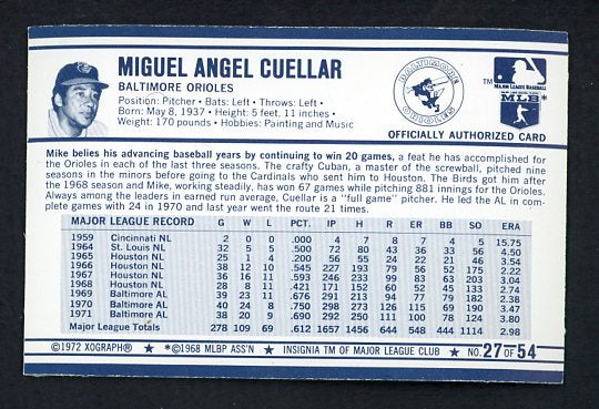 1972 Kelloggs #027 Mike Cuellar Orioles NR-MT ERA 3.80 530074