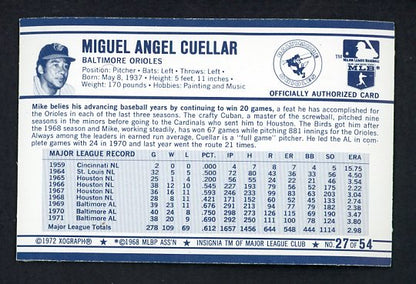 1972 Kelloggs #027 Mike Cuellar Orioles NR-MT ERA 3.80 530074