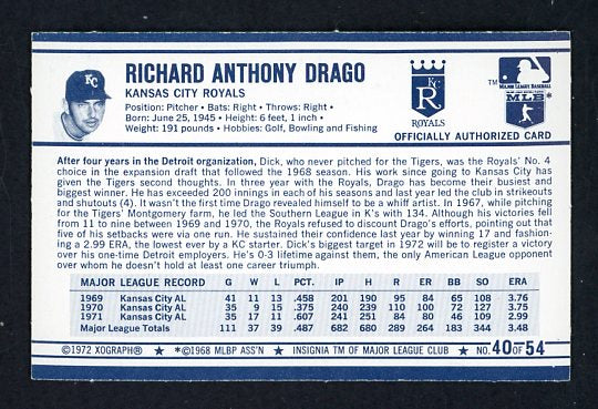 1972 Kelloggs #040 Dick Drago Royals NR-MT 530094